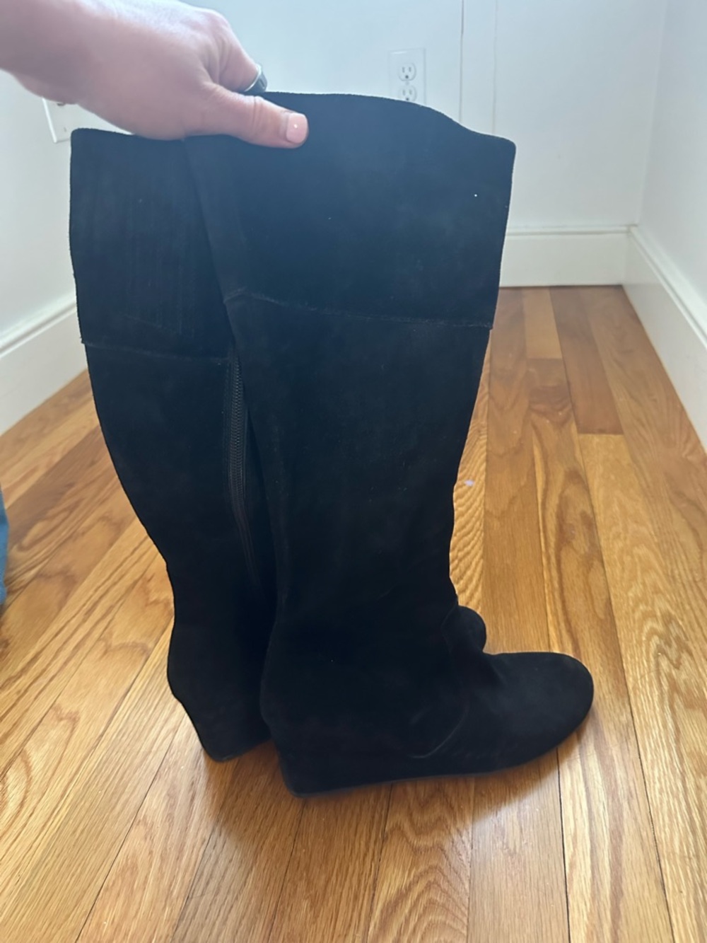 Boden Black Suede Knee-High Wedge Boots